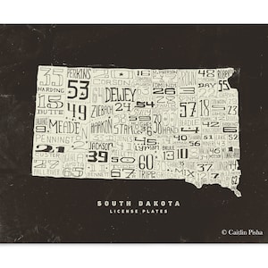 South Dakota License Plate Poster, 11x 14, Wall Art, Cream on Brown Background, Handlettered, South Dakota County Map