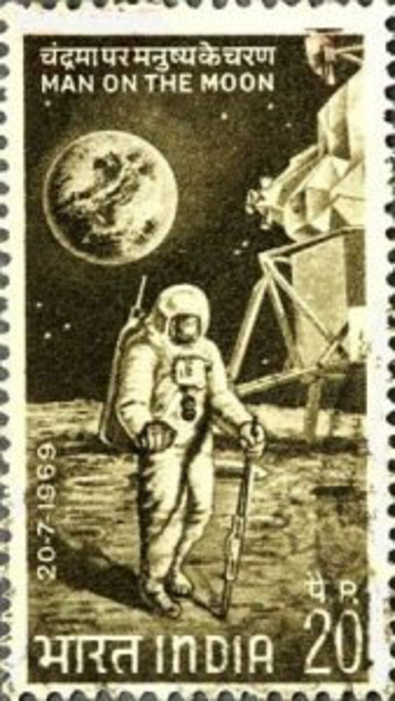 India First Man on the Moon postage Stamp Hand Turned Made Pen clear cast