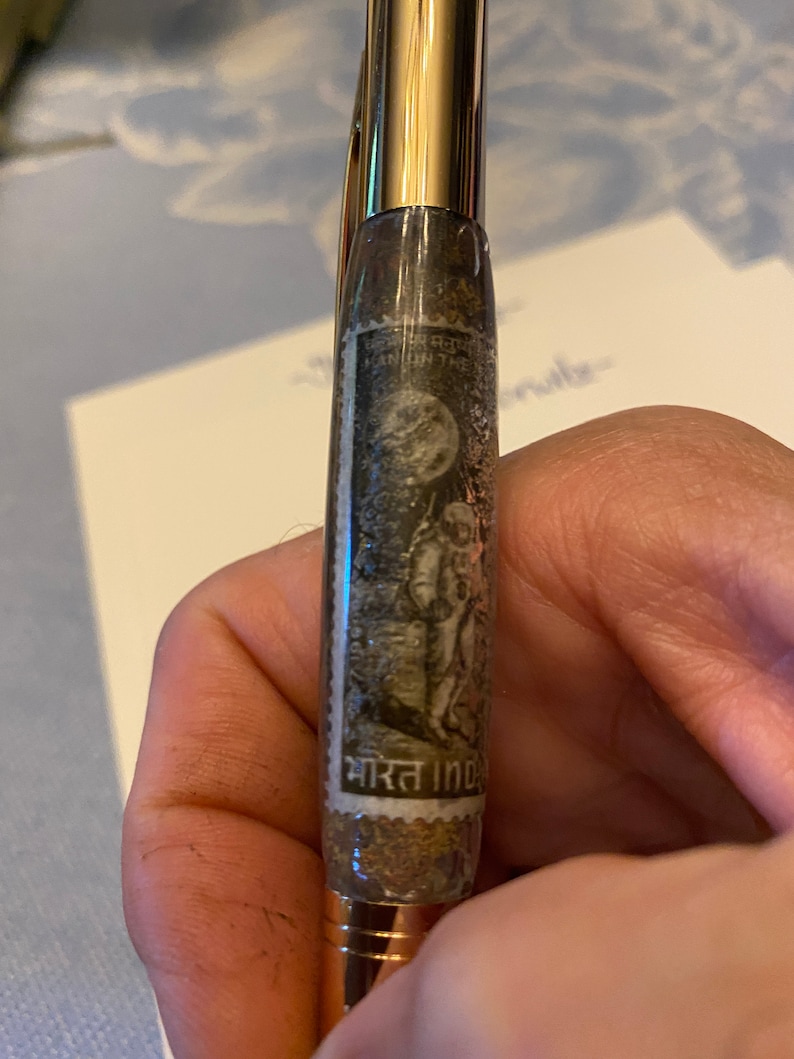 India First Man on the Moon postage Stamp Hand Turned Made Pen clear cast
