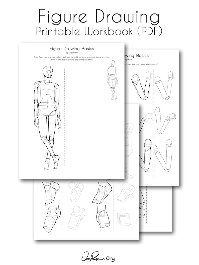May include: A printable workbook for figure drawing with instructions on how to draw a human figure from simplified forms. The workbook includes a full-body figure drawing example and several close-up examples of drawing feet and legs.