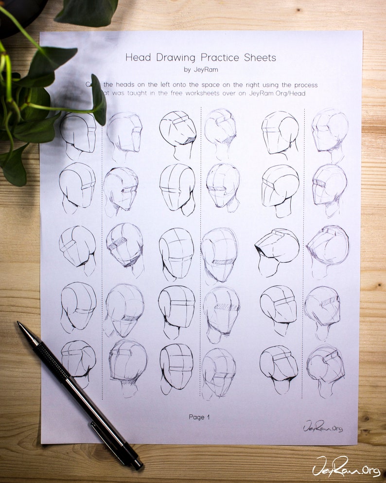 May include: A printable worksheet with 24 head drawings for practice. The worksheet is divided into two columns, with the left column showing the head from different angles and the right column providing blank space for the user to draw the head from the same angle. The text on the worksheet reads "Head Drawing Practice Sheets by JeyRam Copy the heads on the left onto the space on the right using the process that was taught in the free worksheets over on JeyRam Org/Head Page 1 JeyRam Org JeyRam Org".