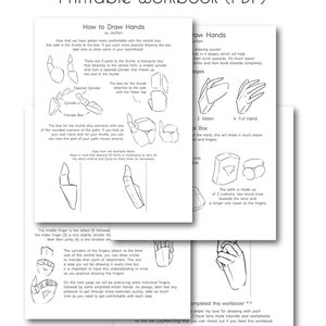 Puede incluir: Un libro de trabajo imprimible con ilustraciones en blanco y negro que muestran cómo dibujar manos en etapas. El libro de trabajo incluye instrucciones y ejemplos para dibujar el pulgar, la palma, los dedos y una mano completa.
