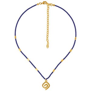 May include: A delicate necklace featuring a dark blue beaded chain with gold-colored accents. The necklace has a gold-colored spiral pendant and a gold-colored chain for adjusting the length. The necklace is displayed against a white background.