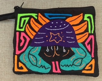 Mola Zip Wristlet Pouch Bag Purse Handmade Panama Kuna Indian H10