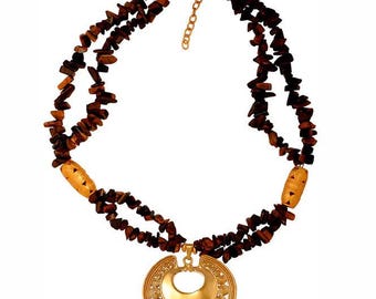 Tiger Eye Chip Necklace with Tairona Pendant – Semiprecious Stone Jewelry – Pre-Columbian Inspired Tribal Necklace – Handmade Statement