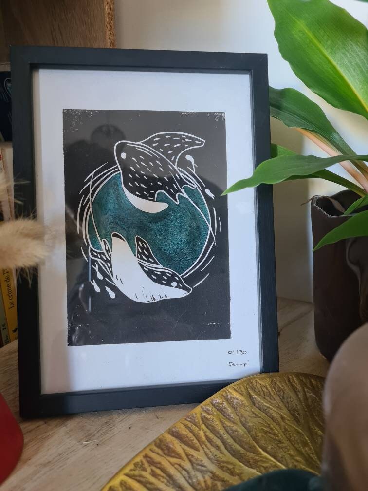 Manta ray linocut