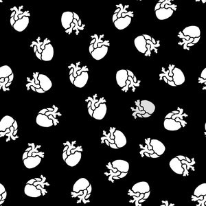 May include: A black and white seamless pattern featuring repeating images of a stylized human heart.