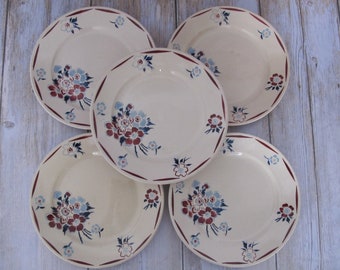 Set of 5 vintage French dinner plates  - 5 anciennes assiettes plates en faïence