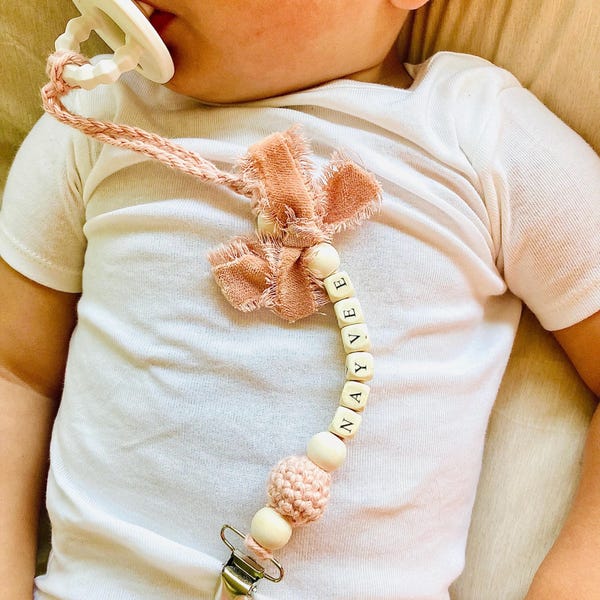 Velvet Bow Pacifier Clip: Personalized Baby Keepsake