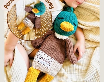 Custom Duck Baby Snuggler with Name Embroidery, Plush Mallard Lovey for Newborn, Soft Security Blanket, Baby Shower Gift, Handmade Comfort