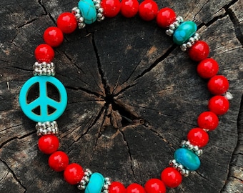 Red Howlite and Turquoise Peace Beaded Stretch Bracelet