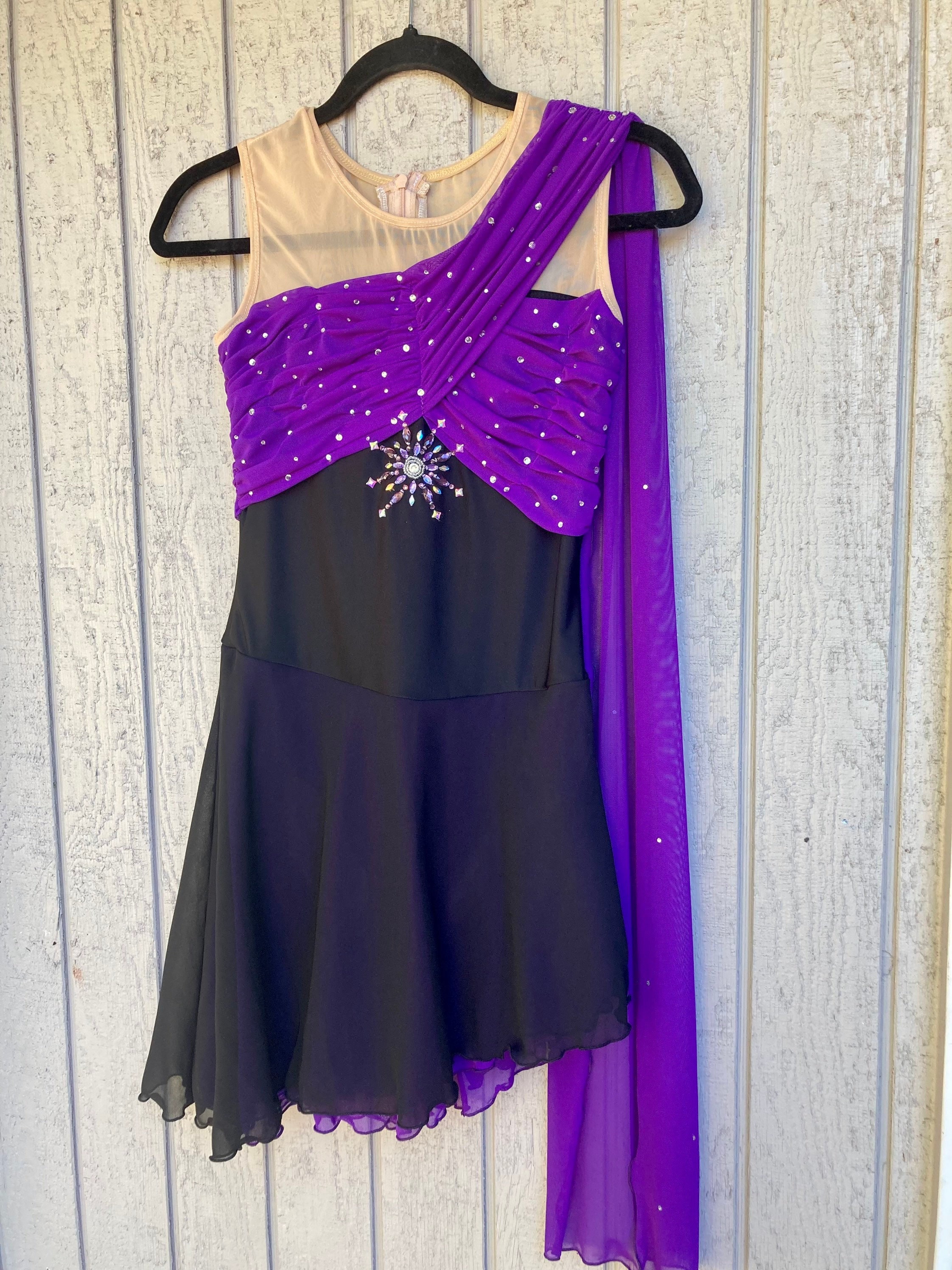 Purple & Black Figure Skating Dress, Adult Medium, Long Scarf