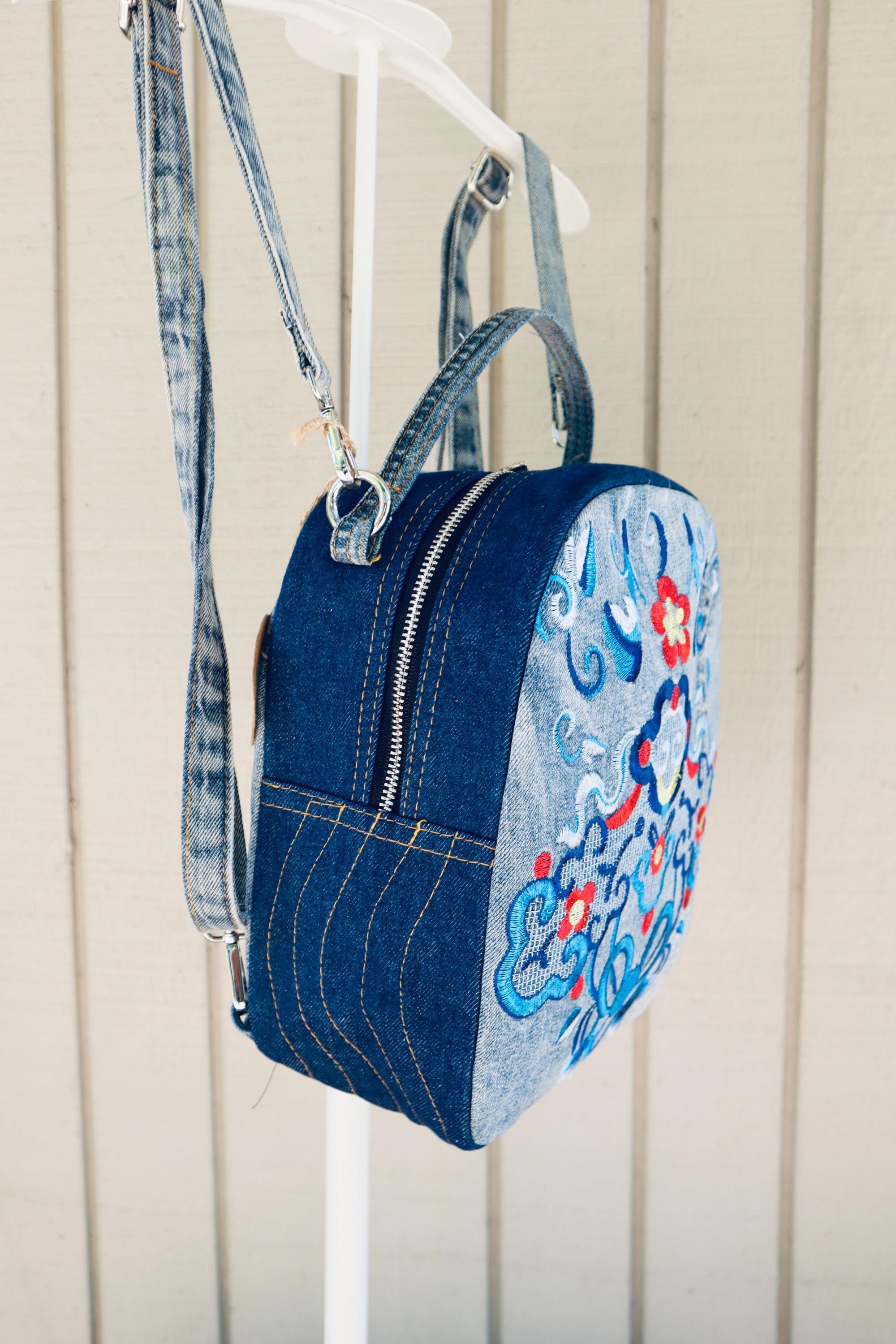 Upcycled Floral Denim Backpack with Jeans Pockets – Y2K Boho Preloved Bag Denim Exterior Floral Bags & Backpack Handbags for Women for  main image 4