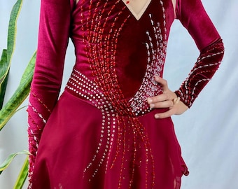 Red Velvet Figure Skating Dress | Rhinestone Beaded Competition Costume (Size 8-10)