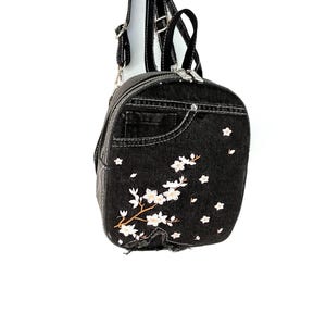 Very special embroidered  recycled denim backpack /Upcylcle denim small backpack/black small patchwork denim backpack.