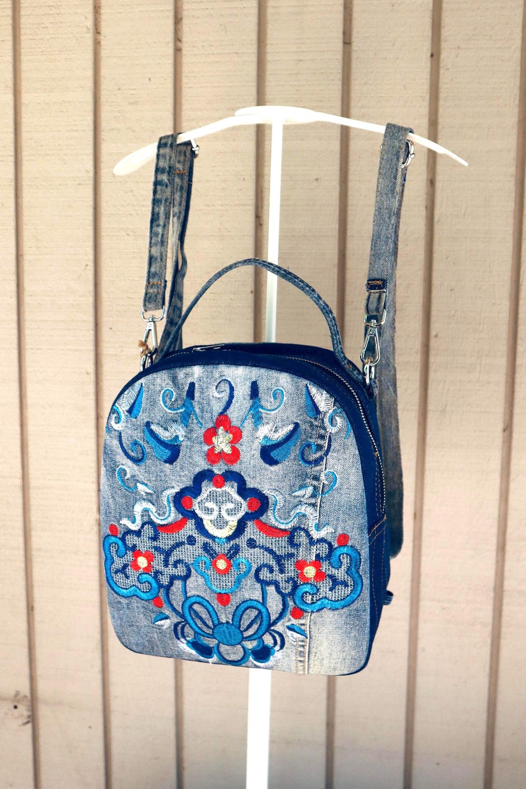 Embroidered Upcycled Denim Backpack: Floral Patchwork Design  display picture 1
