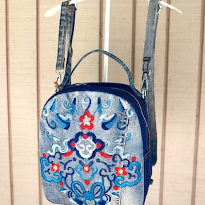 Very special embroidered  medium and large recycled denim backpack /Upcylcle blue denim backpack/large size patchwork denim backpack.