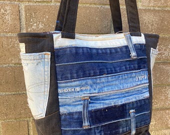 Recycled Denim Tote Bag: Large Handmade Shoulder Bag