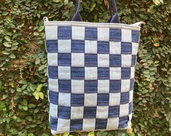 Recycled Denim Tote Bag: Large Handmade Woven Shoulder Bag