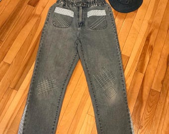 One of a Kind Upcycled Denim Jeans – Handmade Sashiko Inspired Details