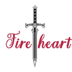May include: A black and white illustration of a sword with the text "Fire heart" in red script. The sword has a detailed hilt and blade, set against a white background. The design is likely for a fantasy or gaming theme.