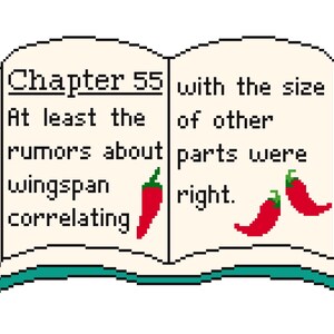 May include: An open book with the text "Chapter 55 with the size At least the of other rumors about parts were wingspan correlating right."  There are three red chili peppers on the page.