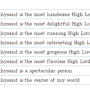May include: A list of eight statements about Rhysand, a fictional character. The statements are written in black ink on a white lined paper background.