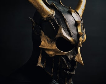 Limited edition. Half face demon mask. Black and gold demon mask. Carnival mask. Original Venetian mask