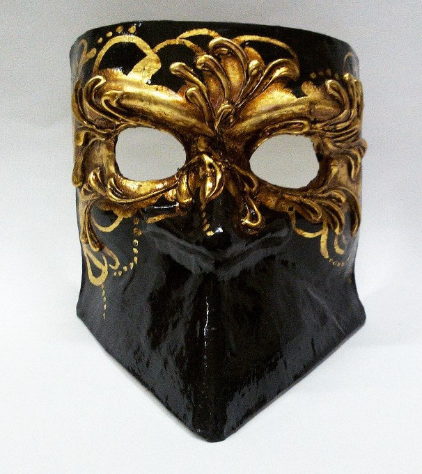 Gold Leaf Off White Antique Masquerade Mask Paper Mache Mardi Gras Stick