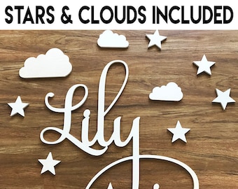 Wooden Name Sign - w Clouds & Stars Nursery Wall Art Decor for Baby Girl, Boy | Kids Room Decor | Sign Over Crib | Baby Shower Gift