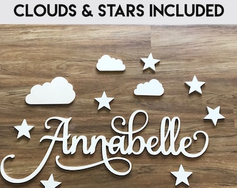 Wooden Name Sign - w Clouds & Stars Nursery Wall Art Decor for Baby Girl, Boy | Kids Room Decor | Sign Over Crib | Baby Shower Gift