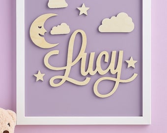 Personalized Wooden Name Sign with Moon, Stars & Clouds – Custom Baby Room Nursery Wall Decor –  Night Sky Theme - Birthday Gift Bundle Set