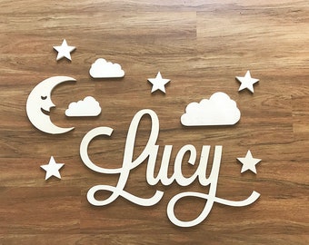 Wooden Name Sign - Clouds, Stars and Moon Included, Wall Art Décor for Baby Girl, Boy | Kids Room Décor | Sign Over Crib | Baby Shower Gift