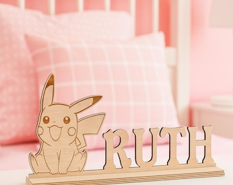 Birthday Sign Pokémon Pikachu Name Sign - Stand-Alone Wood Name on Base - Nursery Decor - Pokémon Pikachu Sign - Freestanding Name