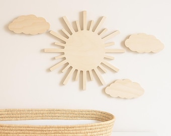 Wooden Sun and Cloud Wall Decor Set – Natural Wood Nursery Wall Art for Baby Room, Neutral Boho Kids Room Decoration, Scandinavian Style