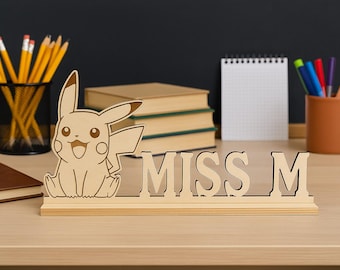 Teacher Gift  Pokémon Pikachu Name Miss Sign - Stand-Alone Wood Name on Base - Nursery Decor - Pokémon Pikachu Sign - Freestanding Name
