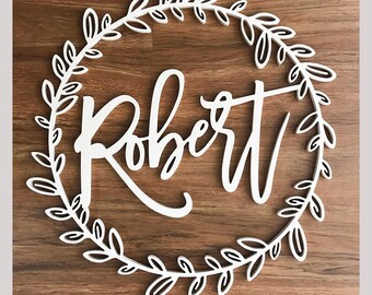 Wreath Name Sign - Custom Wooden Name Sign - Round Name Leafy Border - Lula Hoop Name Decor - Backdrop Name Decor - Family Name Wedding Sign