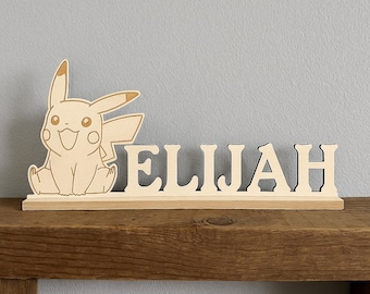 Pokemon Name Sign - Stand-Alone Wood Lettering on Base - Nursery Decor - Pokemon Pikachu Sign - Freestanding Name