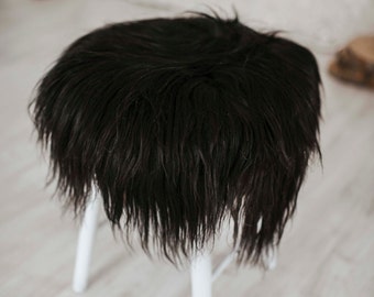 Stool Cover, Sheepskin Stool Cover, Chair Cover, Furry Stool, Scandinavian Decor, Seat Pad, Chair Pad, Black stool chair pad Black Friday
