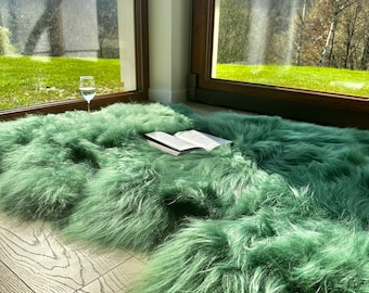 Protège-tapis en peau de mouton véritable, cadeau d'anniversaire, jeté en peau de mouton verte, décoration de sol en peau de mouton, couvre-lit en peau de mouton, soldes