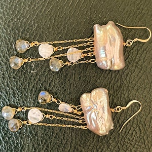 Boucles d'oreilles nuage en or avec gouttes de pluie, boucles d'oreilles en perles de pierre précieuses pour femme, grandes boucles d'oreilles pendantes en perles grises, cadeau unique bijoux faits main image 4