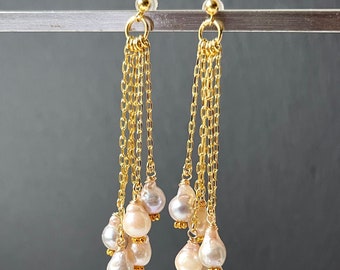 Boucles d'oreilles pompons en perles pour femmes, boucles d'oreilles longues chaîne en or, boucles d'oreilles en perles d'eau douce pendantes, bijoux de mariage bohèmes pour les mariées, cadeaux élégants