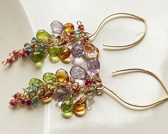 Rainbow gemstone cluster earrings dangle, multi gemstone cascade earrings 14k gold filled, handmade jewelry gift for women, lightweight