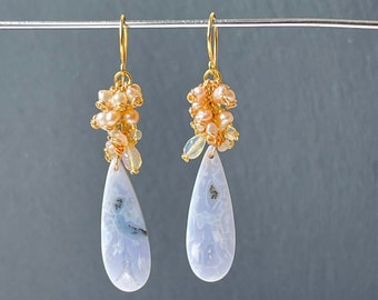 Blue lace agate earrings dangle, long stone earrings, pearl opal earrings, cluster gemstone earrings gold wedding jewelry for brides, light