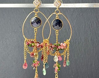 Multi color tourmaline earrings gold, statement gemstone earrings hoop, boho handmade jewelry mothers day gift wife unique, large chandelier