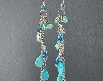 Boucles d'oreilles turquoise en argent, longues boucles d'oreilles en pierres précieuses, cadeau de fête des mères fait main pour grand-mère, bijoux inspirés de l'océan, boucle d'oreille bohème bleue