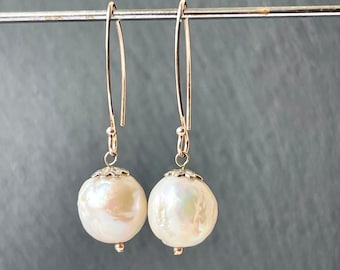 Long pearl drop earrings sterling silver, wedding jewelry for bridesmaids, minimalist statement earrings, cute gifts sister, edison pearl