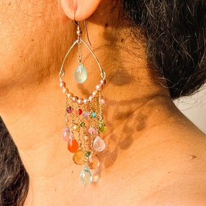 Boho chandelier earrings rainbow, long statement earrings, 14k gold gemstone earrings dangle, multi stone jewelry, fun birthday gift for her