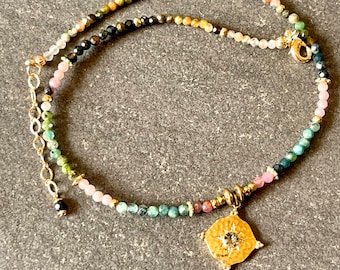 Tourmaline choker necklace gold pendant necklaces for women, multi color gemstone necklace beaded, cute summer jewelry, metaphysical gifts