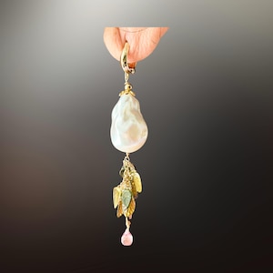Large baroque pearl earrings 14k gold filled hoops, multi tourmaline, cluster gemstone earrings dangle, autumn leaf jewelry, fall style gift image 10